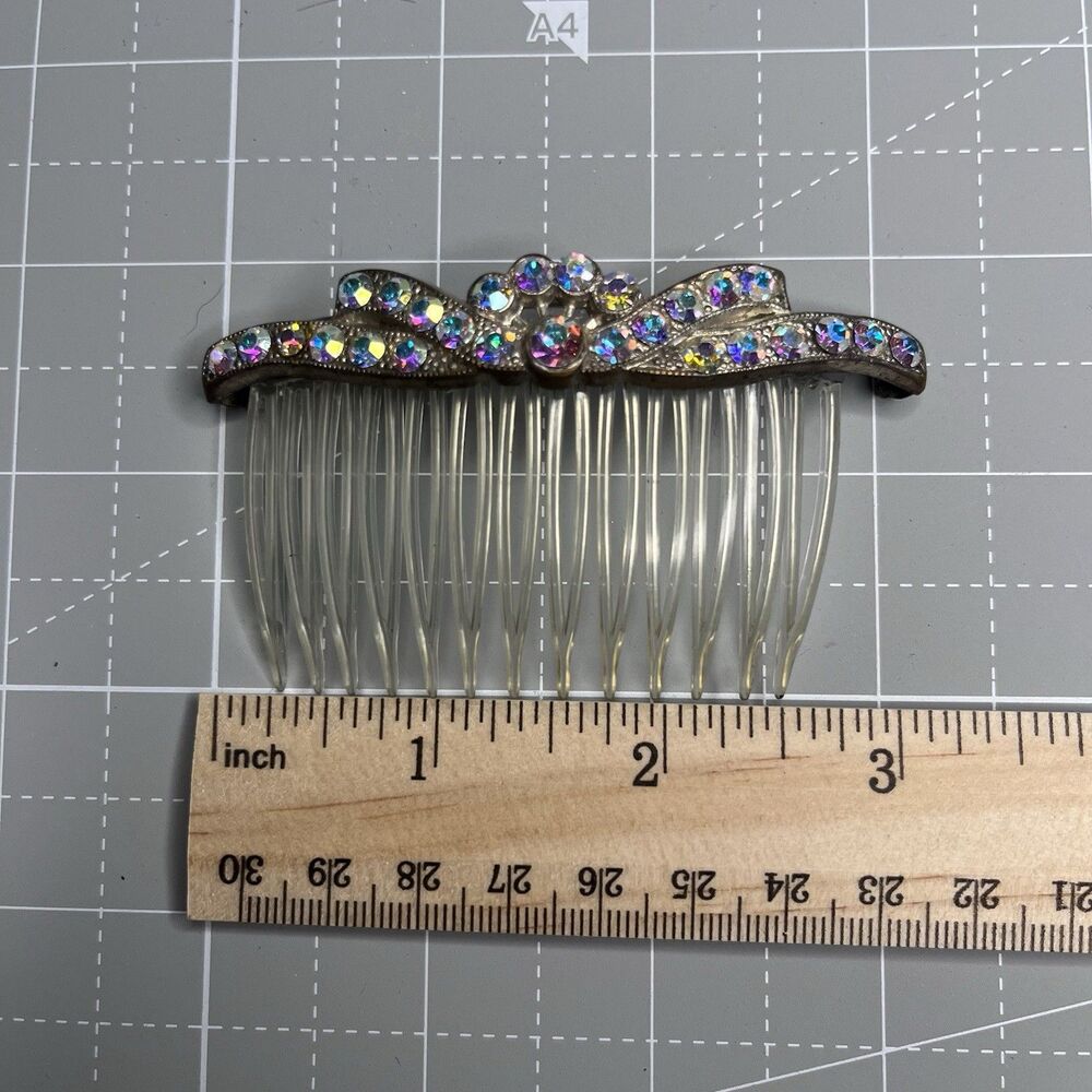 Vintage Hair COMB Barrette Flower W Aurora Borealis RHINESTONE Crystal 3”
